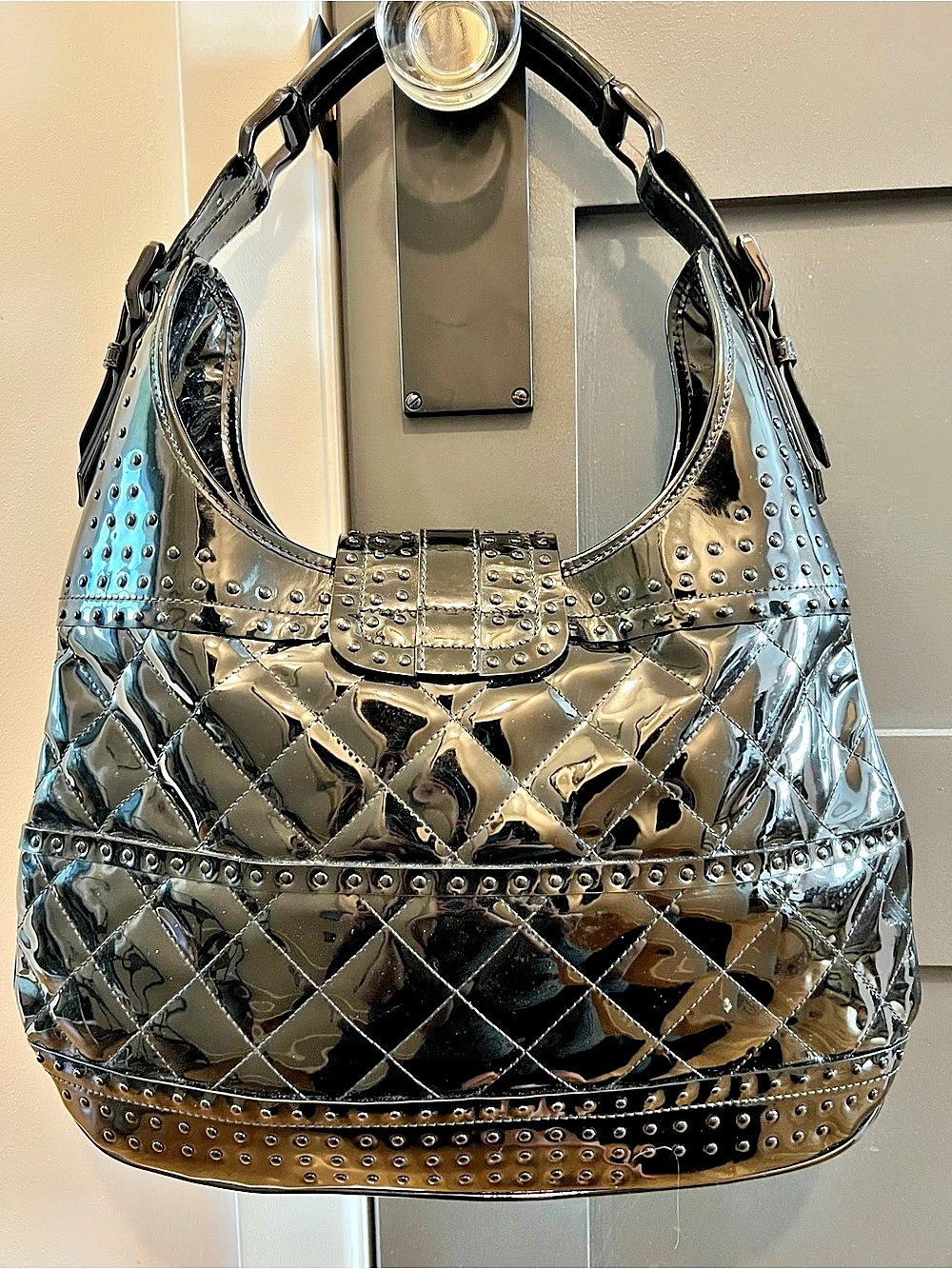 Burberry Studded Quilted Patent Leather Hobo Bag Black & Silver